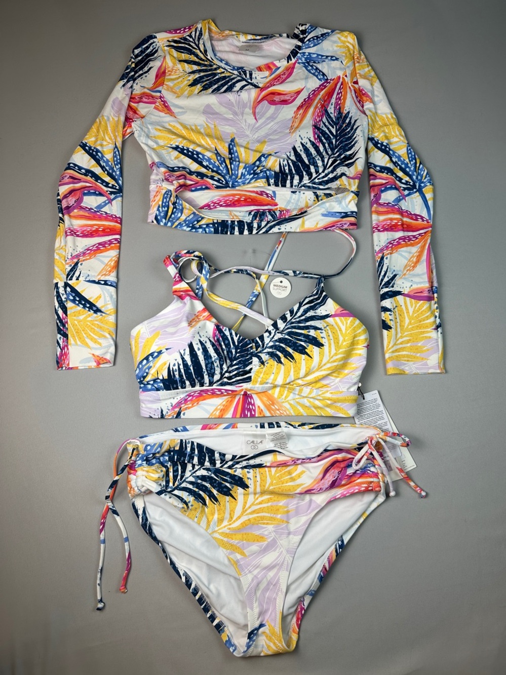Calla Womens 3 piece Swim Set Tropical Leaf Print Bottom (S) Top (M) Coverup (M)